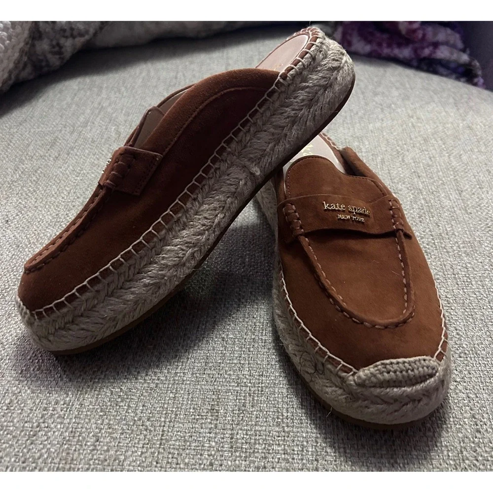 Kate Spade Eastwell Mule Women 6.5‎ Brown Suede Espadrille Platform Penny Loafer